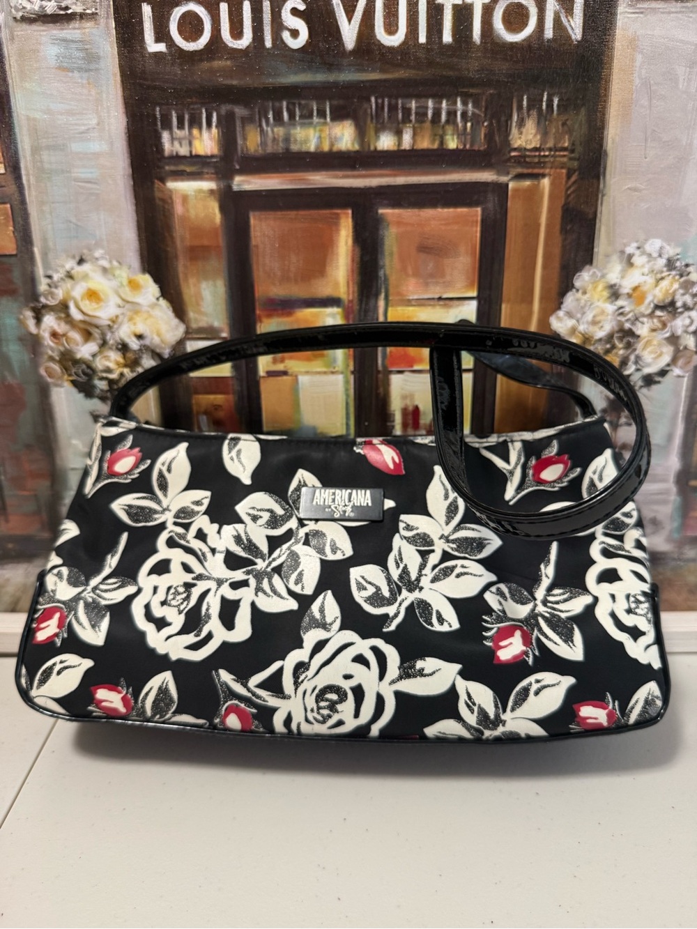 Sharif Americana Black Floral Shoulder Bag with Red Accents